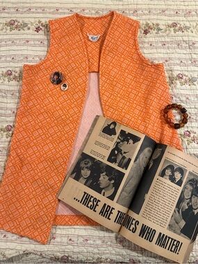 True Vintage 60s Mod Unisex Orange Geometric Open Front Vest Bogart Of Texas S-L